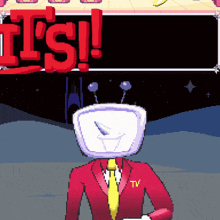 a cartoon character with a clock on his head and the words it 's