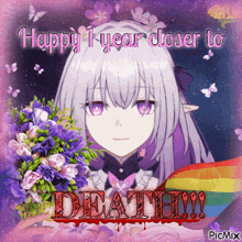 a picture of a girl holding a bouquet of purple flowers with the words " happy 1 year closer to death !!! "