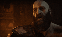 a bald man with a beard is holding his hand to his chin