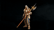 a knight in gold armor is holding an axe and a spear