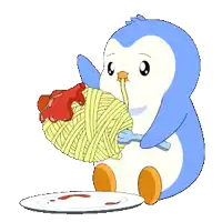 a blue and white penguin is eating spaghetti with ketchup