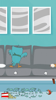 a cartoon of a bird standing on a couch with a bucket of popcorn on the floor