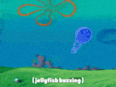 a cartoon of spongebob holding a bucket with the words jellyfish buzzing below it