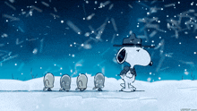 a cartoon of snoopy and his friends in the snow