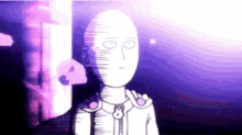 a cartoon of a man standing in front of a door with a purple light behind him .