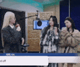 a woman in a fur coat talks into a microphone while another woman looks on