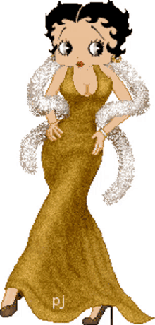 betty boop gold glitter evening gown white boa