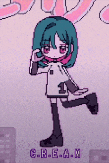 a pixel art drawing of a girl with the word cream below her