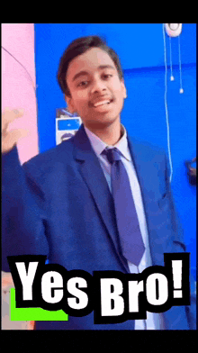 a man in a suit and tie says yes bro on a green background