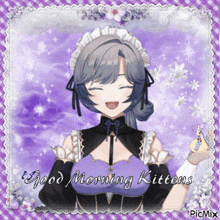 a picture of a girl with the words good morning kittens
