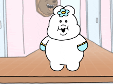a cartoon drawing of a rabbit with a flower on its head standing next to a vacuum cleaner
