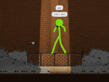 a green stick figure in a video game says pls
