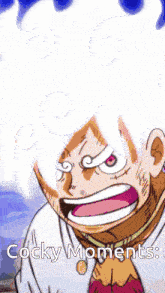 a cartoon character with white hair and a scarf says cocky moments
