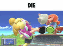 a cartoon character is kicking another cartoon character with the word die below it