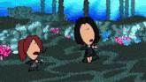 a cartoon drawing of a girl holding a sword and another girl holding a wand