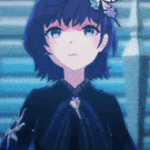 a girl with blue hair has a butterfly on her head