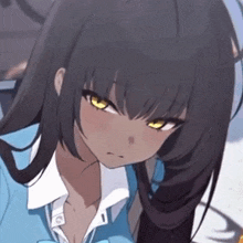 a black haired anime girl with yellow eyes and a white shirt