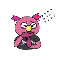 a cartoon of a pink bird wearing a black shirt that says ' baa ' on it