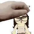 a hand is touching a cartoon girl 's head with glasses .