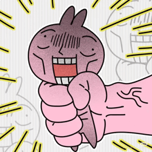 a cartoon drawing of a pink hand holding a rabbit