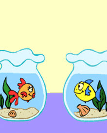 a cartoon of two fish looking at each other with hearts surrounding them