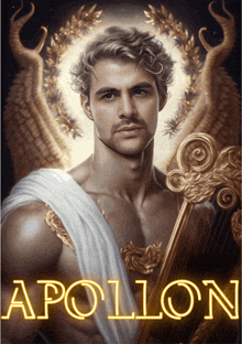 a painting of a man holding a harp with the word apollon in the upper right corner