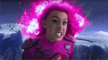 a girl with pink hair is wearing a superhero costume and has a purple fireball coming out of her head .