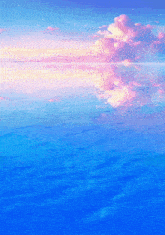 a painting of the ocean with pink clouds in the sky