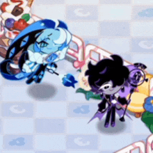 a couple of cartoon characters are standing next to each other in a room .