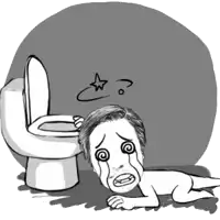 a black and white drawing of a man laying on the floor with a toilet in the background