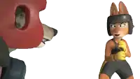 a cartoon fox wearing a helmet is standing next to a dog