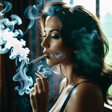 a woman is smoking a cigarette and the smoke is coming out of her mouth