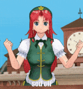 a girl with red hair is standing in front of a clock with the words sod off written on the bottom