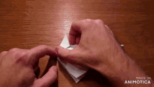 a person folding a piece of paper with the words made in animotica below