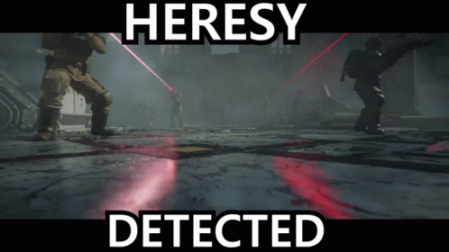 a poster that says heresy detected with soldiers in the background