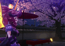 a cartoon character stands in front of a cherry blossom tree at night