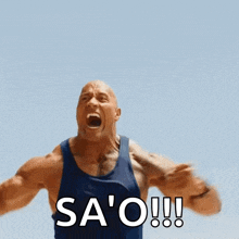 a man in a blue tank top is screaming with the word sa ' o ' written below him