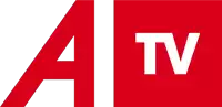 a red square with a white letter a and the word tv on it