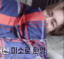 a person wrapped in a blue and red striped blanket with korean writing on the bottom