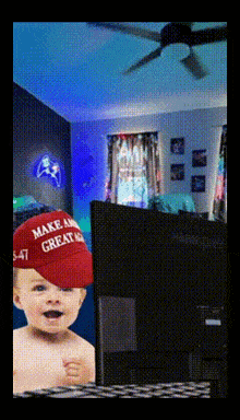 a baby wearing a make america great again hat looks at a computer screen