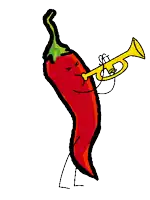 a red pepper is playing a trumpet with a face on it