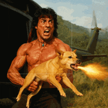 a man holding a dog with a fireball coming out of its mouth