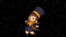 a cartoon character wearing a hat and a cape is dancing in space .