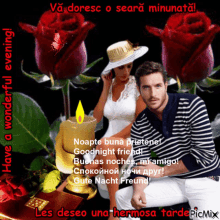 a picture of a man and a woman with roses and a candle and the words " have a wonderful evening "