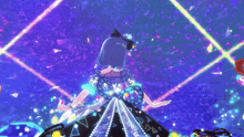 a girl in a blue dress with a bow on her head is dancing on a purple background