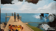 a painting of two men walking on a pier is made in animatica