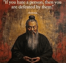 a painting of a man with a beard sitting in a lotus position with a quote by confucius .