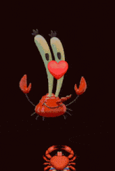 a couple of crabs are standing next to each other with a heart in the middle