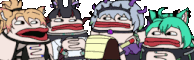 a group of cartoon characters are standing next to each other with their mouths wide open .