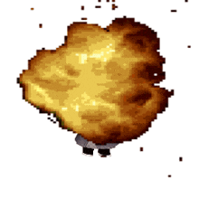a pixel art of a person standing in front of a huge explosion .